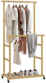 Guarda roupa com Rodas de Bambu com Sapateira 2 Barras para Pendurar para Entrada Corredor Quarto 80x40x160 cm Madeira