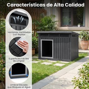 Casota exterior para cães em plástico com porta 81 x 64 x 61 cm, telhado inclinado rebatível e grelhas de ventilação preto