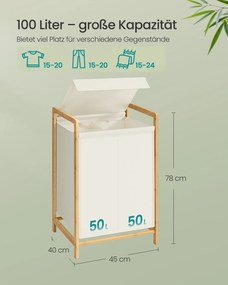 Cesto para roupa suja 100L, 45 x 40 x 78 cm com estrutura em bambu e dois compartimentos creme