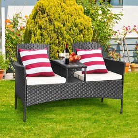 Conjunto de mesa e sofá em vidro de rattan PE com almofadas moderno para jardim, piscina, pátio 138 x 61 x 85 cm Almofadas Brancas