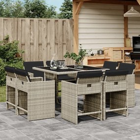 vidaXL 9 pcs conjunto de jantar p/ jardim c/ almofadões cinzento claro