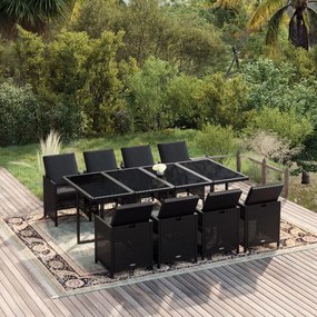 vidaXL 9 pcs conjunto de jantar p/ jardim c/ almofadões vime PE preto