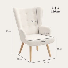 Poltrona de sala em tecido bouclé, poltrona estofada e acolchoada com pés de madeira, 71 x 74 x 96 cm, bege
