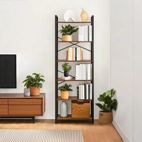 Estante de livros 30 x 66 x 186 cm com 6 prateleiras com estrutura de aço castanho-preto