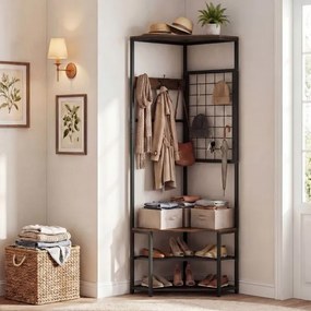 Cabide de canto 4 em 1 com 2 prateleiras para sapatos 49 x 49 x 171 cm, 2 níveis e 7 ganchos metálicos para sala de estar, hall de entrada ou corredor