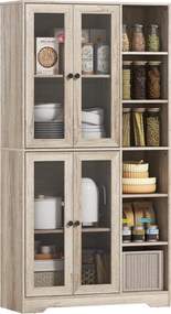 Armário de Cozinha Móvel Auxiliar de Cozinha com Prateleiras Abertas e 4 Portas de Vidro 90x35x172 cm Cinza Claro