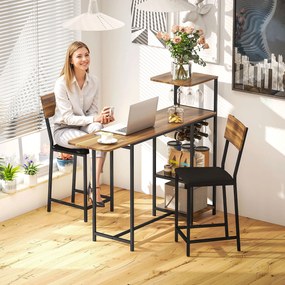 Conjunto de Mesa e Bancos de Bar Mesa Alta de Cozinha com 2 Bancos Laterais Rebatíveis Suporte para Vinhos e Prateleiras Castanho e Preto