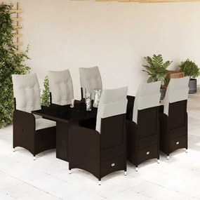 7 pcs conjunto bistrô de jardim c/ almofadões vime PE castanho