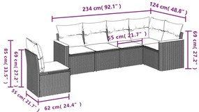 6 pcs conjunto de sofás p/ jardim com almofadões vime PE bege