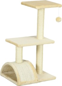 Arranhador para Gatos Médio de 3 Níveis  com Postes de Sisal Placa para Arranhar e Bola Suspensa 40x35x72 cm Creme