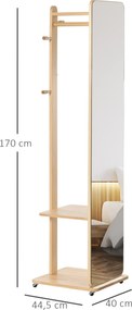 Espelho de pé com rodas 40 (L) x 44,5 (P) x 170 (A) cm Com cabides, 4 ganchos e prateleira em MDF com acabamento em madeira clara