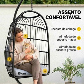 Cadeira Suspensa com Suporte Cesto Dobrável de Vime Almofada Grossa e Altura Ajustável 101x105x196 cm Cinza Claro