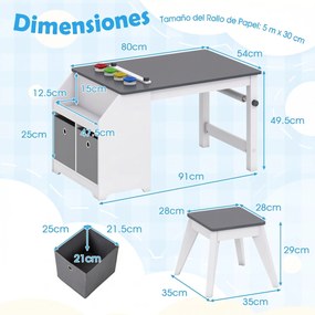 Conjunto de Mesa de Arte Infantil e Banco, 91 x 54 x 49,5 cm, Com Rolo de Desenho, Cinzento + Branco