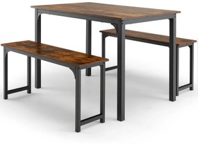 Conjunto de mesa de jantar de 3 peças com estrutura de metal e 2 bancos para 2-4 pessoas móveis de mesa para cozinha Castanho + Preto