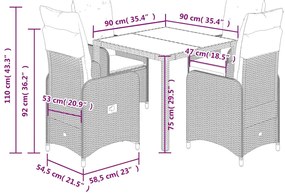 5 pcs conjunto bistrô de jardim c/ almofadões vime PE preto