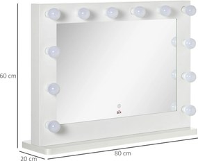 Espelho de maquilhagem Hollywood iluminado com 12 LEDs táteis - luminosidade ajustável, função de memória - metal, MDF branco e vidro