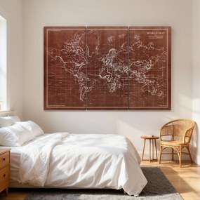 Quadro Decorativos Mapa Múndi Vintage Pintados à Mão 120x60 cm Quadros de Arte de Parede com Moldura de Madeira Castanho