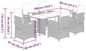 7 pcs conjunto de jantar p/ jardim c/ almofadões vime PE preto