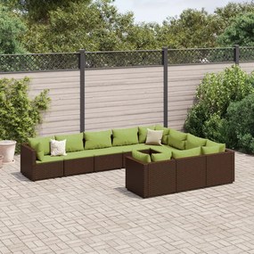 vidaXL 10 pcs conj. sofás jardim com almofadões vime PE castanho