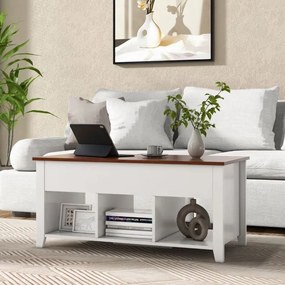 Mesa de centro de madeira elevável multifuncional com 3 prateleiras abertas para sala de estar 105 x 52 x 49 cm branca
