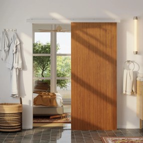 Porta de Correr com Ferragens 90x210 cm com Rolos Trilho de Alumínio e Guia de Chão Castanho