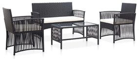 4 pcs conjunto lounge de jardim c/ almofadões vime PE preto