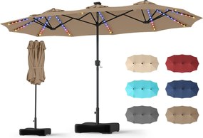 Guarda-sol Duplo Retangular de Exterior com base, 370 x 200 cm, 108 Luzes LED, Castanho