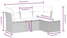 4 pcs conjunto sofás de jardim c/ almofadões vime PE cinzento
