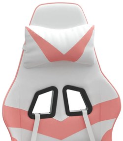 Cadeira gaming com apoio p/ pés couro artificial branco e rosa