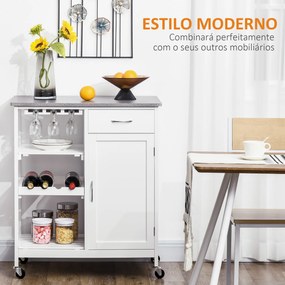 HOMCOM Carrinho de Cozinha com Rodas Carrinho de Cozinha com 1 Gaveta Prateleiras Removíveis Suporte para 4 Garrafas e Armário para Sala de Jantar Sala de Estar Carga 40kg 76x48x88cm Branco e Cinza