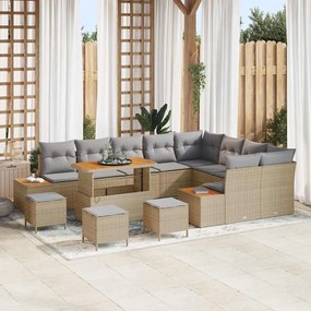 Conjunto de Sofá para Jardim vidaXL de 13 peças com Almofadas em Vime Sintético Bege Acácia