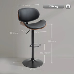 Conjunto de 2 cadeiras de bar com banco regulável em altura, revestimento sintético, 53 x 52 x 92-112 cm, preto