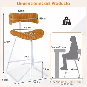 Conjunto de 2 Bancos de Bar, 50,5 x 51 x 93 cm, Estofados a Bombazina, Laranja