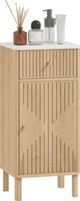 Móvel de casa de banho 36 x 30 x 80 cm, móvel de arrumação com tampo com efeito de mármore e porta com ranhuras, gaveta cor carvalho