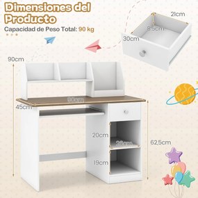 Secretária  para crianças com bandeja para teclado, gaveta e estante multifuncional (CADEIRA NÃO INCLUIDA)  Carvalho+Branco