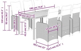 7 pcs conjunto bistrô de jardim c/ almofadões vime PE cinza