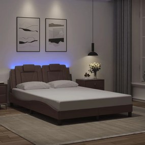 Estrutura cama c/ luzes LED 140x200cm couro artificial castanho