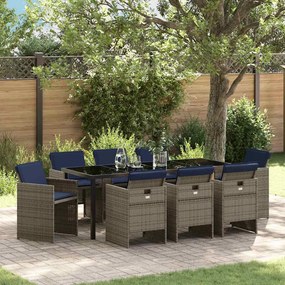 vidaXL Conjunto de Jantar para Jardim 9 Peças com Almofadas Cinza em Ratan Sintético