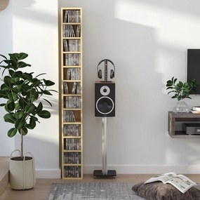 Organizador para CD e DVD , 21 x 20 x 175 cm, estante vertical, móvel de arrumação com 12 compartimentos, capacidade máxima de 204 CD, madeira natural