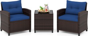 Conjunto jardim de 3 peças: cadeiras de rattan e mesa com tampo de vidro temperado. Mobiliário de exterior em vime para pátio, Castanho com almofadas