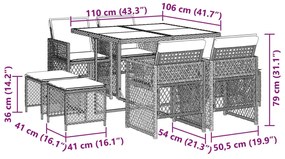 9 pcs conjunto de jantar p/ jardim c/ almofadões vime PE preto