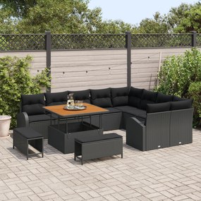 Conjunto de Sofá Jardim de 12 Peças com Almofadas Preto Poli Rattan Ac