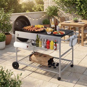 Carrinho de churrasco 141 x 62 x 80 cm para grelhadores de 18“ e 22” com bancada ampla, grelha metálica, cesto para rolos e caixote do lixo para jardi