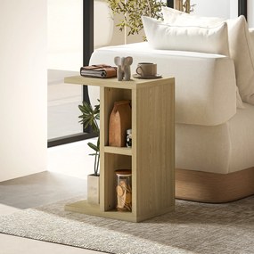 Mesa auxiliar de 3 níveis em forma de C com 2 compartimentos abertos, 40 x 29,8 x 60 cm, carvalho
