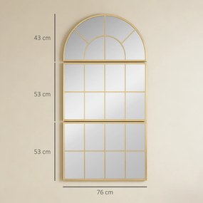 Espelho de parede arqueado 76 x 150 cm, espelho de parede em forma de janela, conjunto de 3 peças, moldura em metal, dourado