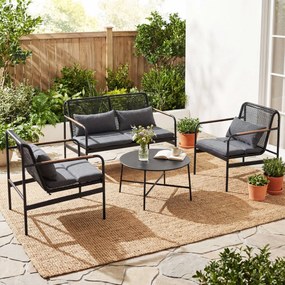 Conjunto de jardim, 4 peças, em vime com estrutura metálica e almofadas em rattan PE, 2 poltronas com mesa, para alpendre, jardim ou varanda, Cinzento