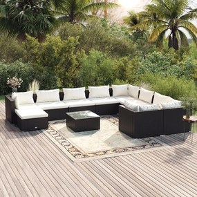 vidaXL 11 pcs conjunto lounge de jardim c/ almofadões vime PE preto