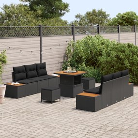 Conjunto de Sofá de Jardim de 9 Peças com Almofadas Preto Polirattan A