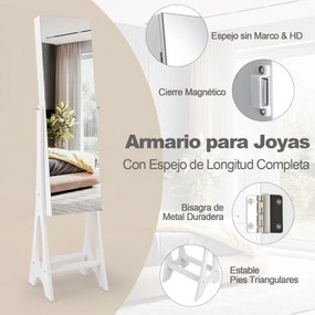 Armario para joias com espelho de corpo inteiro sem moldura com luzes LED incorporadas e Estante 36 x 33,5 x 154,5 cm Branco