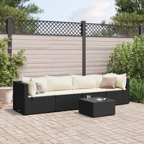 vidaXL 5 pcs conjunto lounge de jardim c/ almofadões vime PE preto